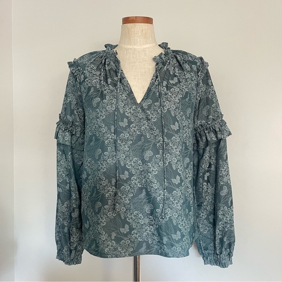 Anthropologie Current Air Blue Green ruffle trim blouse top size Small - Picture 1 of 5